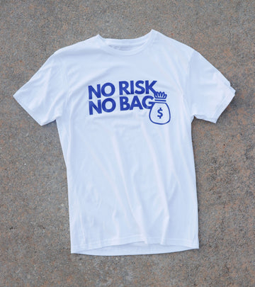 RISKY REWARDS “NO RISK NO BAG” WHITE/BLUE TEE