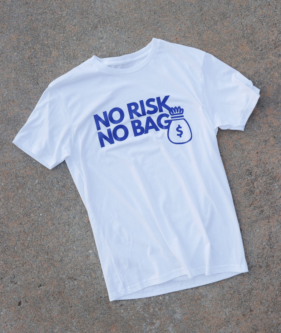 RISKY REWARDS “NO RISK NO BAG” WHITE/BLUE TEE