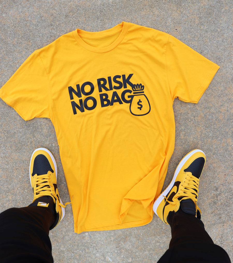 RISKY REWARDS “NO RISK NO BAG” COTTON GOLD TEE
